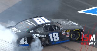 Kyle Busch celebrates his 198th win with a burnout