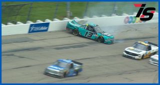 Johnny Sauter crashes after contact with Austin Hill
