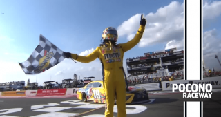 Kyle Busch reacts to winning on fumes at Pocono Raceway