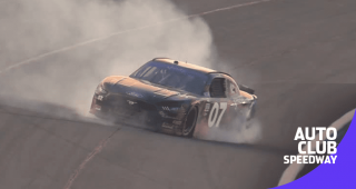 Cole Custer celebrates with victory burnout at Fontana
