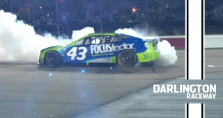 Erik Jones smokes his Goodyear tires after winning the Southern 500