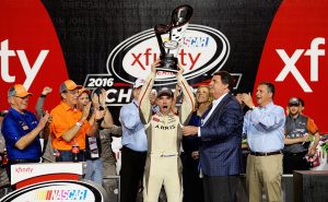HOMESTEAD, FL - NOVEMBER 19: Daniel Suarez, driver of the #19 ARRIS Toyota, celebrates with the NASCAR XFINITY Series Championship trophy in Victory Lane after winning the NASCAR XFINITY Series Ford EcoBoost 300 and the NASCAR XFINITY Series Championship at Homestead-Miami Speedway on November 19, 2016 in Homestead, Florida. (Photo by Robert Laberge/Getty Images) | Getty Images