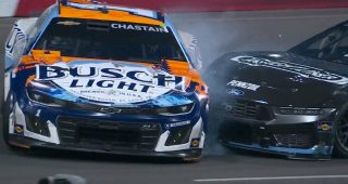 Ross Chastain spins after contact with Austin Cindric