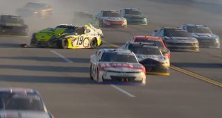 Aric Almirola turned hard into outside wall after contact with Sammy Smith