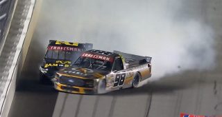 Tony Stewart gets collected in a crash to end Stage 2