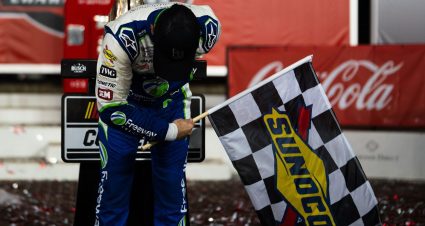 Daniel Suárez pays tribute to Kyle Busch with a celebratory bow in Victory Lane.