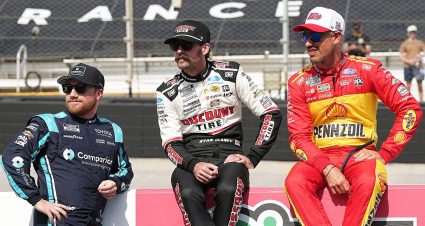 Tyler Reddick, driver of the #45 Comparion Insurance Toyota, Ryan Blaney, driver of the #12 Discount Tire Ford, and Joey Logano, driver of the #22 Shell Pennzoil Ford, look on during practice for the NASCAR Cup Series Food City 500 at Bristol Motor Speedway on April 11, 2026 in Bristol, Tennessee.