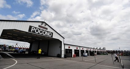 A general view of the garage area during practice for the NASCAR Craftsman Truck Series CRC Brakleen 150 at Pocono Raceway on July 21, 2023 in Long Pond, Pennsylvania