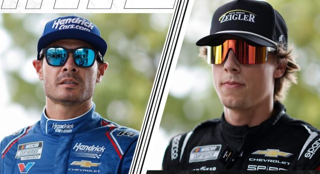 Kyle Larson and Carson Hocevar look on.