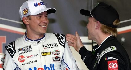 Ty Gibbs congratulates teammate Christopher Bell in Victory Lane after the Cook Out Southern 500 on Sept. 6, 2026 at Darlington Raceway.