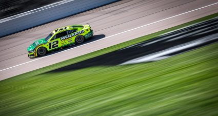 ryan blaney drives on track at kansas speedway
