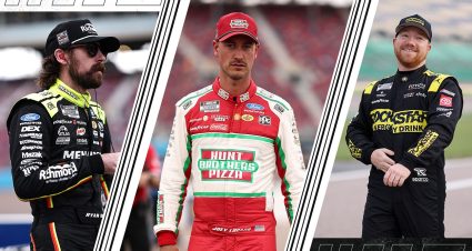 A split image of Ryan Blaney, Joey Logano and Tyler Reddick.