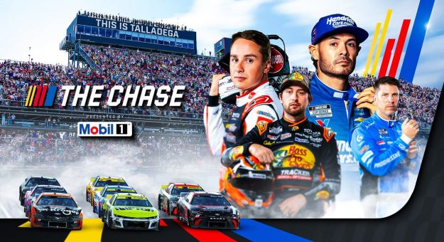 The Cup Series field roars out of Turn 4 onto the main stretch at Talladega Superspeedway