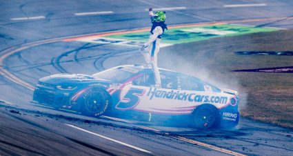 Kyle Larson celebrates his Talladega win in the NASCAR Cup Series Chase.
